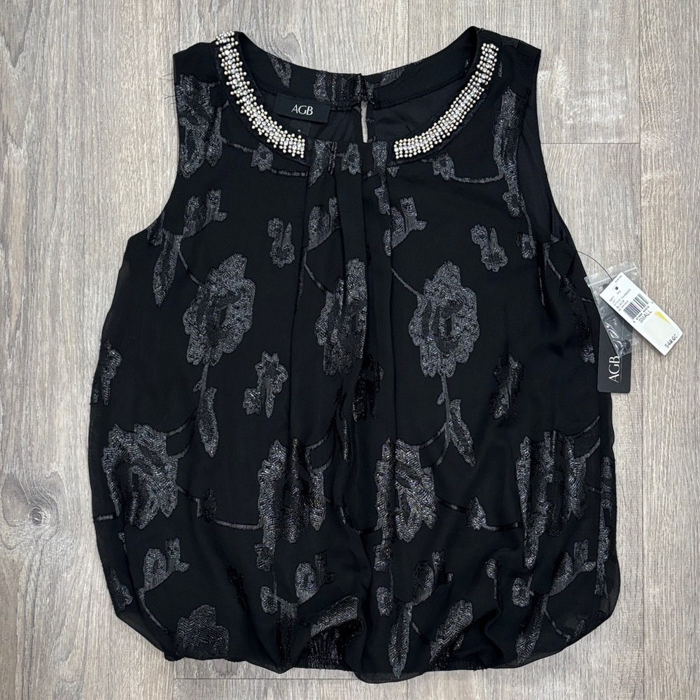 NWT AGB Black Sleeveless Blouse with Beaded Neckline